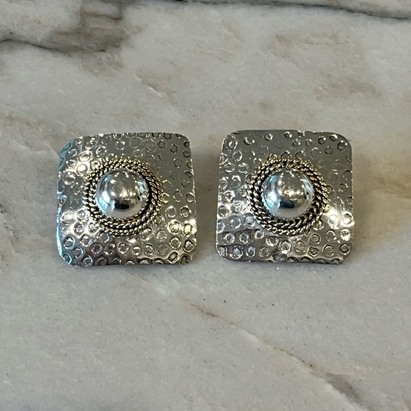 Taxco Mexico Statement Earrings Hammered Sterling Silver Brass Large Studs - Picture 1 of 4